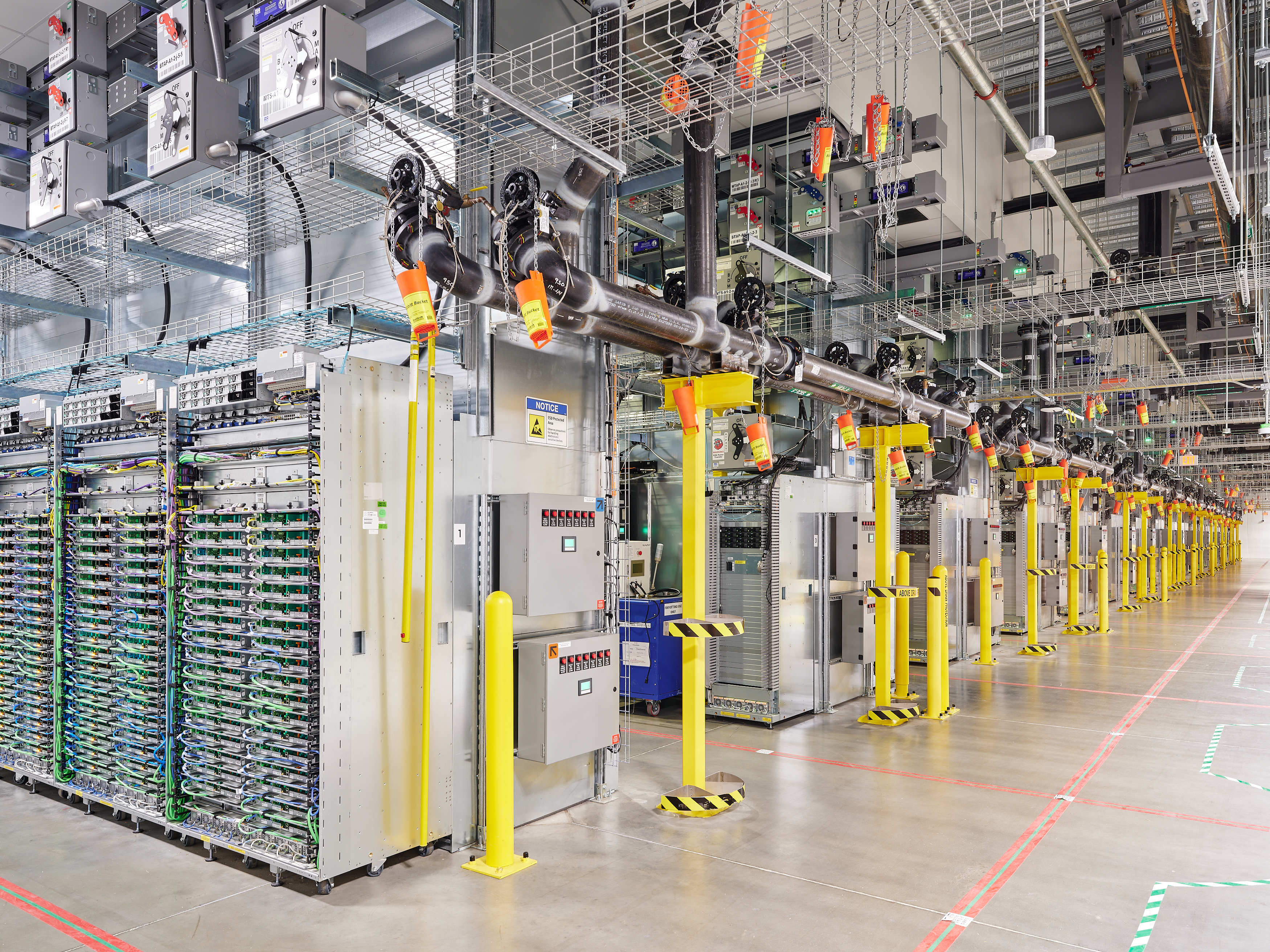 Server aisles in Google New Albany data center